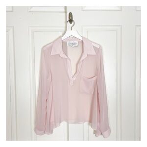Rory Beca Blush Pink Sheer Rayon Georgette V-Neck Collar L/S Blouse Sz M